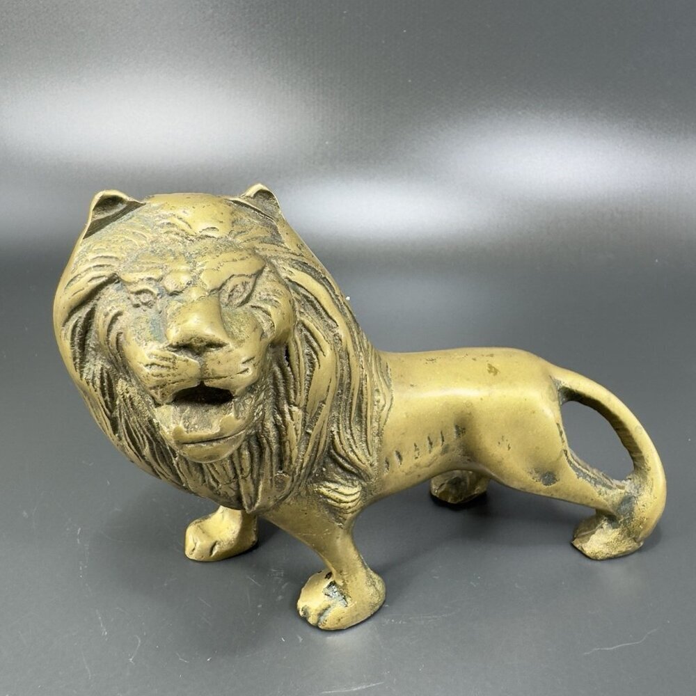 Vintage 1980s Heavy Brass Metal Lion Sculpture Statue Figurine Decor Paperweight